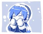  arantheus blue blue_hair closed_eyes hood ikamusume long_hair mittens monochrome shinryaku!_ikamusume snow solo tentacle_hair winter_clothes 