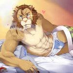  abs anthro bed biceps big_muscles blanket blue_eyes briefs brown_fur bulge cigarette claws clothed clothing eyewear feline fur glasses half-dressed lion looking_at_viewer lying male mammal muscles on_side pecs pillow pose smoking solo star tattoo tkfkd5362 topless undertaker underwear white_fur 