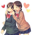  :d :o ^_^ blush bow brown_eyes brown_hair cardigan cheek_poking closed_eyes hachiko_(hati12) heart long_hair multiple_girls open_mouth original poking school_uniform skirt smile twintails yuri 