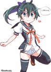  aqua_eyes green_hair kitahara_tomoe_(kitahara_koubou) long_hair national_shin_ooshima_school_uniform ponytail saegusa_wakaba school_uniform short_shorts shorts solo thighhighs vividred_operation 