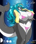  big_breasts bikin bikini blue_eyes blue_hair blush breasts cetacean charme chubby cleavage clothed clothing female hair lucile mammal marine orca solo swimsuit tight_clothing towel whale ymbk 