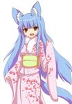  animal_ears aqua_hair brown_eyes fox_ears fox_tail highres japanese_clothes kimono m-wataru original solo tail 