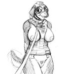  2019 anthro armor big_breasts bottomless breasts canine clothed clothing collar dog female hat helmet hladilnik leash mammal military monochrome mostly_nude nipples pubes pussy samantha_thott simple_background smile solo tailwag united_states_of_america 