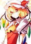  ascot bad_id bad_pixiv_id blonde_hair flandre_scarlet hat hat_ribbon nicole_(lion) red_eyes ribbon short_hair short_sleeves solo touhou upper_body wings 
