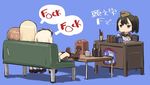  black_hair blonde_hair book boots bottle brown_hair carla_j_luksic censored_text chibi couch cup english feet_on_table geena_preddy goggles goggles_on_head hat jennifer_j_deblanc long_hair marian_e_carl mug multiple_girls noble_witches ponytail profanity radio shimada_fumikane sitting table translated world_witches_series 