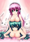  :3 absurdres aqua_eyes aqua_hair bad_id bad_pixiv_id blue_eyes blush breast_rest breasts breasts_on_head bunny green_hair hatsune_miku headphones highres large_breasts long_hair lying multiple_girls nipples nitroplus nude on_stomach open_mouth pink_hair purple_hair stuffed_animal stuffed_toy super_sonico twintails very_long_hair vocaloid zheyi_parker 