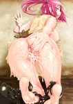  1girl against_wall anus ass barefoot bent_over blush bottomless breasts chains cum feet from_behind jeibii kneeling looking_back magi_the_labyrinth_of_magic morgiana nipples open_mouth pink_eyes pink_hair pussy side_ponytail soles solo spread_ass thighs toes uncensored 