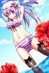  :&lt; armpits arms_behind_head arms_up bad_id bad_pixiv_id bikini black_legwear blue_hair blush breasts cameltoe cleavage cloud crescent day flower hat hibiscus kurume_shou long_hair medium_breasts midriff navel patchouli_knowledge purple_bikini purple_eyes purple_hair solo striped striped_bikini swimsuit thighhighs touhou water 