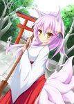  animal_ears blush breasts fox_ears fox_tail highres japanese_clothes kazamatsuri_kazari long_hair looking_at_viewer medium_breasts miko mizuki_(kogetsu-tei) multicolored multicolored_eyes multiple_tails original purple_hair red_eyes smile solo tail yellow_eyes 