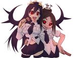  arm_around_waist black_hair black_legwear black_sclera breasts brown_hair comb contrapposto filia_(skullgirls) flower hair_bun hug jason_robinson large_breasts living_hair long_hair miniskirt multiple_girls nail nail_polish navel necktie no_pupils painwheel_(skullgirls) red_eyes revision samson_(skullgirls) scar school_uniform skirt skullgirls sleeves_rolled_up smile standing thighhighs zettai_ryouiki 