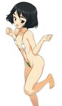  bare_shoulders barefoot black_eyes black_hair blush breasts girls_und_panzer looking_at_viewer navel open_mouth short_hair simple_background slingshot_swimsuit small_breasts smile solo sweat swimsuit utsugi_yuuki yn_red 