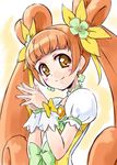  bow brown_eyes brown_hair choker cure_rosetta dokidoki!_precure double_bun earrings flower green_choker hair_flower hair_ornament hands_together jewelry long_hair magical_girl own_hands_together precure ribbon satogo smile solo twintails wrist_cuffs yotsuba_alice 