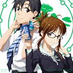  1girl akizuki_ritsuko black_eyes black_hair brown_eyes brown_hair can folded_ponytail glasses idolmaster idolmaster_(classic) kouchou long_hair necktie ponytail producer_(idolmaster_anime) short_hair soda_can 