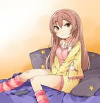  alternate_hairstyle bad_id bad_pixiv_id bed between_legs brown_eyes controller hair_down hand_between_legs hood hoodie idolmaster idolmaster_cinderella_girls jewelry jougasaki_mika leg_warmers lightning_bolt long_hair loungewear necklace off_shoulder on_bed open_clothes open_hoodie pajamas pillow pink_hair remote_control shorts sitting smile solo strap_slip totoki86 v_arms 