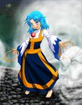  barefoot blue_eyes blue_hair clenched_hand colored_eyelashes date8619 full_body highres jewelry kesa kumoi_ichirin long_hair long_sleeves necklace open_mouth pendant standing touhou ufo unzan wide_sleeves 