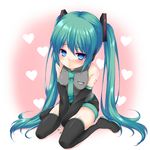  bad_id bad_pixiv_id blue_eyes blush boots detached_sleeves green_hair hatsune_miku heart highres hikataso long_hair necktie sitting solo thigh_boots thighhighs twintails very_long_hair vocaloid wariza 