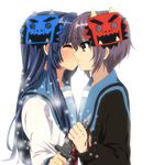  asakura_ryouko bad_id bad_pixiv_id blood blue_hair blue_oni brown_eyes cardigan closed_eyes kiss kita_high_school_uniform knife long_hair mask multiple_girls nagato_yuki oni purple_hair red_oni school_uniform serafuku setsubun short_hair sosdankaridanin suzumiya_haruhi_no_yuuutsu yuri 