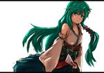  bad_id bad_pixiv_id bare_shoulders breasts cleavage detached_sleeves dutch_angle frown gohei green_eyes green_hair highres japanese_clothes kochiya_sanae letterboxed long_hair medium_breasts miko solo tommy_(ha_kka) touhou very_long_hair white_background 