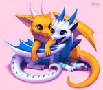  ambiguous_gender blue_eyes byzil chibi cub cute dragon falvie feral feral_on_feral green_eyes happy hatchling horn open_mouth orange_body plain_background scalie white_body wings yellow_eyes young 