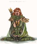  armor arrow cleavage clothed clothing crying dialog dota_2 english_text female hair lyralei_the_windranger lyralei_the_windrunner open_mouth quiver red_hair ruri-adati solo text 