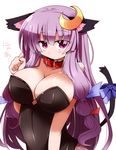  :&lt; alternate_costume animal_ears bare_shoulders black_legwear black_leotard blush bow breasts cat_ears cat_tail cleavage collar crescent crescent_hair_ornament fishnet_pantyhose fishnets hair_ornament hair_ribbon highres kemonomimi_mode kittysuit large_breasts leotard long_hair looking_at_viewer pantyhose patchouli_knowledge purple_eyes purple_hair ribbon shirogane_(platinum) simple_background solo tail tail_bow touhou white_background 
