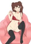  black_legwear blush bottomless bra breast_slip breasts brown_eyes brown_hair ichihisa kujikawa_rise looking_at_viewer medium_breasts nipples one_breast_out one_eye_closed persona persona_4 pubic_hair pussy red_bra sitting smile solo thighhighs twintails uncensored underwear 
