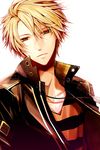  amnesia_(idea_factory) blonde_hair feathers jacket jewelry male_focus necklace ouka_mai shirt solo striped striped_shirt toma_(amnesia) white_background yellow_eyes 