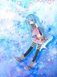  akb0048 arm_gloves belt blue_eyes blue_hair boots dena.ei gloves highres long_hair microphone scarf skirt smile sono_chieri thighhighs zettai_ryouiki 