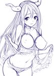  babydoll bare_shoulders blush breastless_clothes breasts choker crotchless_panties fake_horns frilled_panties frills hairband horns large_breasts light_smile lingerie long_hair looking_at_viewer maou_(maoyuu) maoyuu_maou_yuusha monochrome navel nipples oryou panties sketch solo underwear white_background 