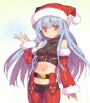  :o adapted_costume bare_shoulders blue_hair blush chaps christmas detached_sleeves hat holly kula_diamond long_hair looking_at_viewer navel santa_hat shunin simple_background solo the_king_of_fighters 