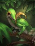  brown_eyes green_scales leaves nintendo pok&#233;mon realistic rhyu snivy solo tree video_games 