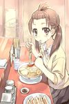  amagai_tarou blush brown_eyes brown_hair cardigan chopsticks eating food long_hair looking_at_viewer noodles original ramen sitting skirt sleeves_pushed_up solo sweat topknot twintails 