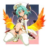  ahoge arcana_trust bad_id bad_pixiv_id bare_shoulders demon_horns demon_tail elbow_gloves gloves green_hair highres horns jitsudan navel orange_eyes shinrabanshou short_hair solo squatting tail wings 