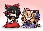  ascot bandaid belt black_eyes black_hair blonde_hair blush bow chibi closed_eyes crossed_bandaids detached_sleeves fang hair_bow hair_tubes hakurei_reimu horn_ribbon horns ibuki_suika long_hair long_sleeves looking_at_viewer multiple_girls oni open_mouth ribbon shirt sitting skirt skirt_set smile touhou very_long_hair wide_sleeves yanagi_(nurikoboshi) 