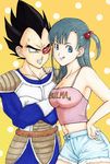  1girl :q alice_kei_(lemon-jiru) annoyed aqua_hair armor black_eyes black_hair blue_eyes breasts bulma camisole cleavage clenched_teeth clothes_writing crossed_arms denim denim_shorts dragon_ball dragon_ball_(classic) dragon_ball_z earrings faux_traditional_media hair_bobbles hair_ornament hand_on_hip hand_on_shoulder jewelry medium_breasts midriff one_side_up scouter shorts spiked_hair sweatdrop tail teeth tongue tongue_out vegeta 