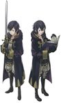  1girl black_hair book dual_persona fire_emblem fire_emblem:_kakusei gloves highres kozaki_yuusuke mark_(female)_(fire_emblem) mark_(fire_emblem) mark_(male)_(fire_emblem) official_art robe short_hair sword time_paradox weapon white_background 