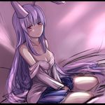  animal_ears bad_id bad_pixiv_id bare_shoulders blush breasts bunny_ears cleavage collarbone dress_shirt frown long_hair medium_breasts off_shoulder on_bed pleated_skirt purple_hair red_eyes reisen_udongein_inaba shirt sitting skirt solo tommy_(ha_kka) touhou v_arms very_long_hair yokozuwari 