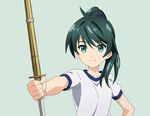  aqua_eyes green_eyes green_hair gym_uniform ponytail saegusa_wakaba shinai smile solo sujiko_(pixiv930860) sword upper_body vividred_operation weapon 