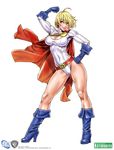  1girl ahoge belt blonde_hair blue_eyes blue_gloves blue_shoes boots breasts cape cleavage cleavage_cutout copyright_name dc_comics female full_body gloves hand_on_hip highres kryptonian large_breasts legs leotard official_art power_girl red_cape shirt shoes simple_background smile solo standing taut_clothes taut_shirt warner_bros. white_background yamashita_shun&#039;ya yamashita_shun'ya 
