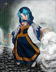  blue_eyes blue_hair clenched_hand colored_eyelashes date8619 full_body highres holding hood jewelry kesa kumoi_ichirin long_hair long_sleeves necklace open_mouth pendant rain socks standing touhou ufo unzan wet wide_sleeves 