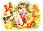  animal_slippers cat_slippers food fork green_eyes green_hair hatsune_miku long_hair onigiri open_mouth sakou_mochi sitting slippers solo star tako-san_wiener tempura tomato twintails vocaloid 