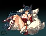  1girl ahri animal_ears blue_hair breasts canine censor_tail cleavage clothed clothing crossed_legs dated detached_sleeves female fox fox_ears fox_tail hair highres human junkpuyo league_of_legends legs_crossed long_hair looking_at_viewer low-tied_long_hair mammal multiple_tails sitting smile socks solo tail tail_censor very_long_hair whiskers yellow_eyes 
