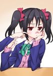  :| bad_id bad_pixiv_id bandaid bandaid_on_nose black_hair blazer bow cardigan cheek_poking chin_rest closed_mouth hair_bow hair_ribbon hand_on_own_cheek jacket jitome love_live! love_live!_school_idol_project matsuryuu open_clothes open_jacket otonokizaka_school_uniform poking red_eyes ribbon school_uniform solo twintails yazawa_nico 