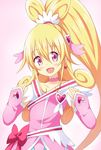  aida_mana blonde_hair bow choker cure_heart curly_hair dekosuke dokidoki!_precure dress eyelashes hair_ornament half_updo heart heart_hair_ornament jewelry long_hair magical_girl open_mouth pink_bow pink_eyes pink_sleeves ponytail precure ribbon smile solo 