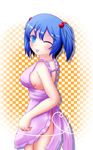  :p absurdres apron bad_id bad_pixiv_id banned_artist blue_eyes blue_hair blush_stickers breasts checkered checkered_background hair_bobbles hair_ornament heart heart_of_string highres kawashiro_nitori looking_at_viewer medium_breasts naked_apron no_hat no_headwear one_eye_closed oohirakeisuke short_hair sideboob solo tongue tongue_out touhou two_side_up 