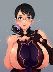  apron areola_slip areolae armor black_hair blue_eyes blush breasts cattleya covered_nipples crying curvy flower glasses gloves grey_background hair_ornament highres huge_breasts mature nipple_slip nipples ponytail queen's_blade short_hair simple_background solo sonota_taisei tears upper_body 