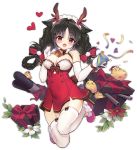  1girl :d antlers argyle argyle_background azur_lane bird black_hair blush box braid breasts chick cleavage full_body gift gift_box heart large_breasts official_art ooshio_(azur_lane) open_mouth party_popper red_eyes reindeer_antlers smile solo star thighhighs torpedo transparent_background twin_braids white_legwear yoi_(sukie1314) 