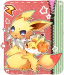  ? blush fennekin fox hug jolteon no_humans pokemon smile wink 