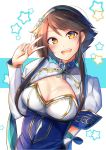  1girl breasts brown_hair chai_xianghua cleavage cleavage_cutout hairband long_hair looking_at_viewer medium_breasts open_mouth smile solo soul_calibur soul_calibur_vi tagme upper_body yellow_eyes 