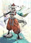  alternate_costume alternate_weapon animal_ears bombomb25 detached_sleeves frown hat highres inubashiri_momiji red_eyes short_hair silver_hair single_detached_sleeve solo standing sword tail tokin_hat touhou weapon wolf_ears wolf_tail 